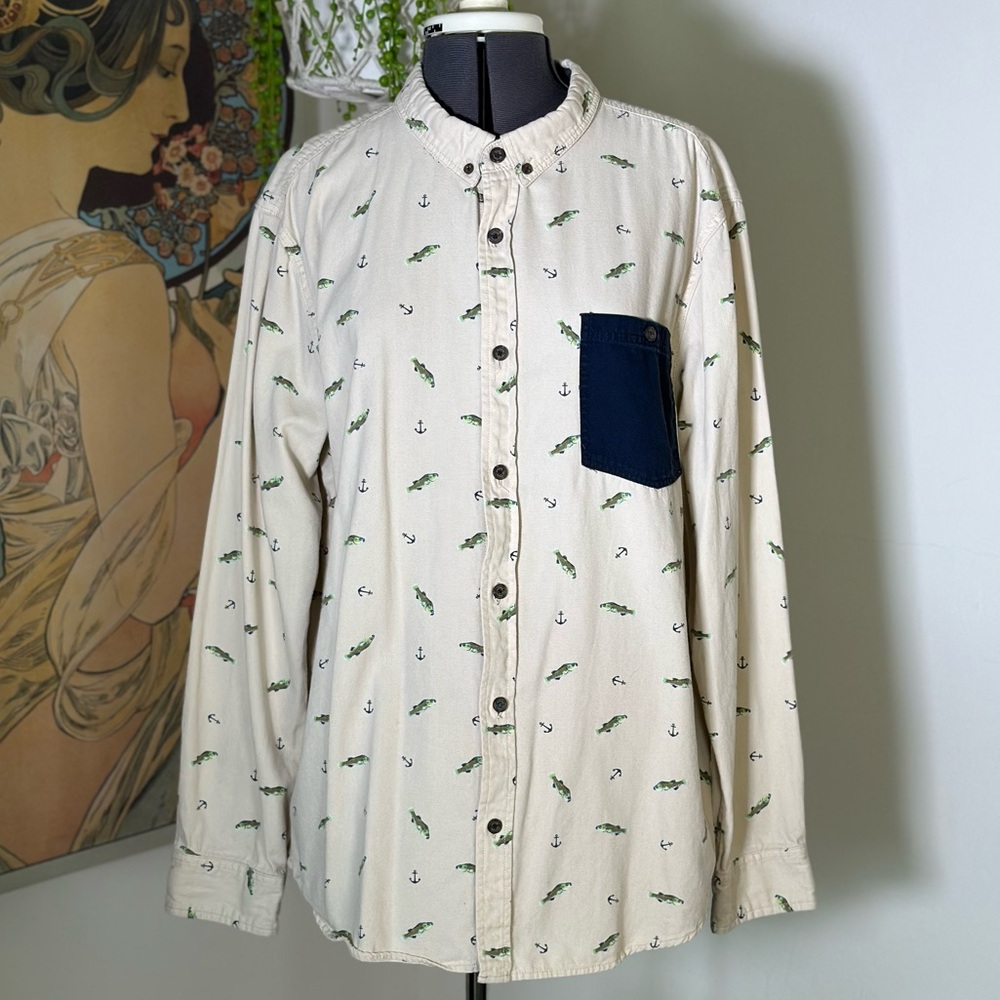 Men's Cream Collared Shirt, Navy Pocket w/ Fish and Anchor Print‎ Details.